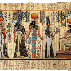 May include: An Egyptian-style wall hanging featuring five women in colorful clothing and elaborate headdresses. The women are standing in front of a background of hieroglyphs and other Egyptian symbols. The text at the bottom of the image reads "عاش عزيزا".