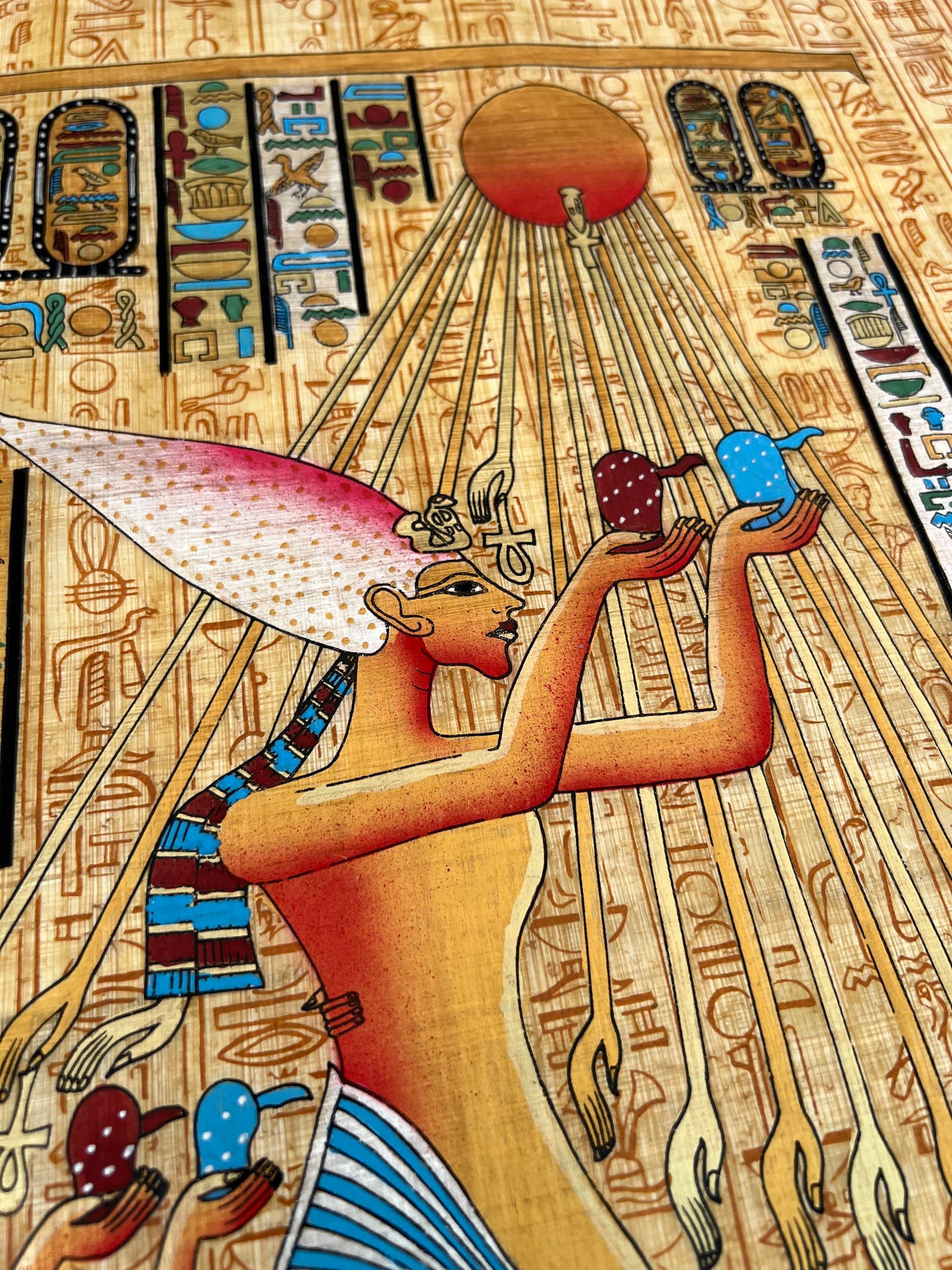 アケナテンとネフェルティティのパピルス画、古代エジプト美術（24x17