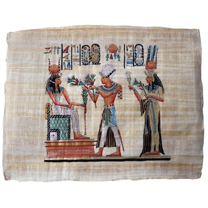 Ramses II and Nefertari Offering Flowers to Hathor,  Egyptian Papyrus Painting, Egypt Papyrus Art, 17x13 Inches