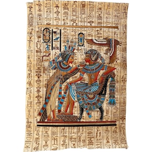 Queen Ankhesenamun Anointing her Husband King Tut - Papyrus Painting from Ancient Egypt - Hieroglyphic Background - 13x17 inches - 30x40 cm