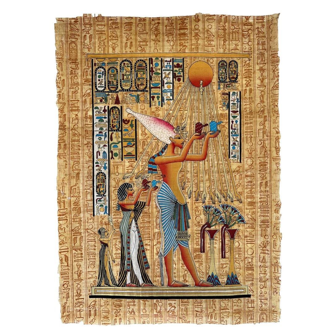 アケナテンとネフェルティティのパピルス画、古代エジプト美術（24x17