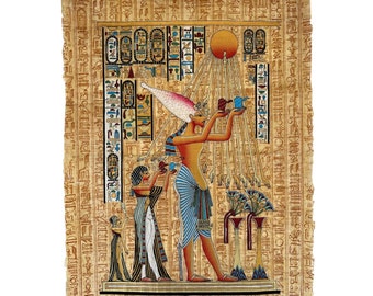 アケナテンとネフェルティティのパピルス画、古代エジプト美術（24x17