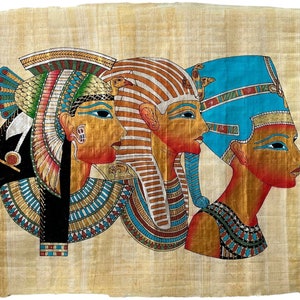 Cleopatra in Royal Vulture Crown • Nefertiti in Modius Papyrus • Egyptian Papyrus Painting • Tutankhamen in Nemes Papyrus 17x13 inches