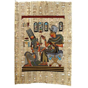 Hieroglyphs Paintings • King Tut on Throne with Wife Ankhesenamun Giving Her Perfume • Egypt Decor • Wall Art Papyrus •  9x13 inch