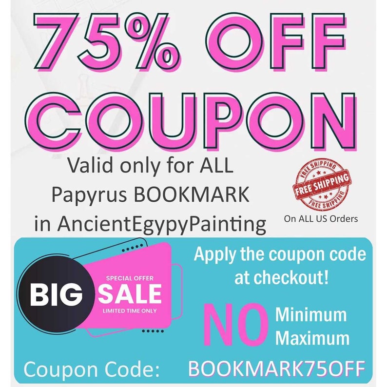 May include: Pink and white coupon graphic with the text "75% OFF COUPON" and "Valid only for ALL Papyrus BOOKMARK in AncientEgypyPainting". The coupon code is "BOOKMARK75OFF".