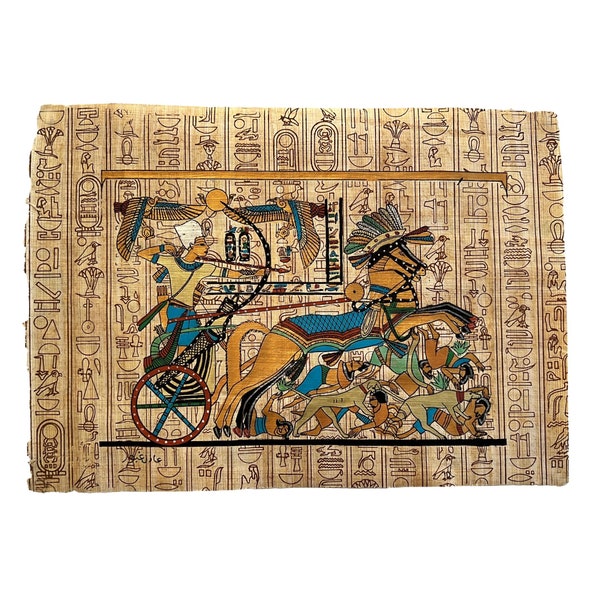 Ramses II War Chariot, Battle of Kadesh, Hittites vs Egyptians, Vintage Art Hieroglyphs Papyrus Painting, Egyptian Mythology, 13x9 Inches