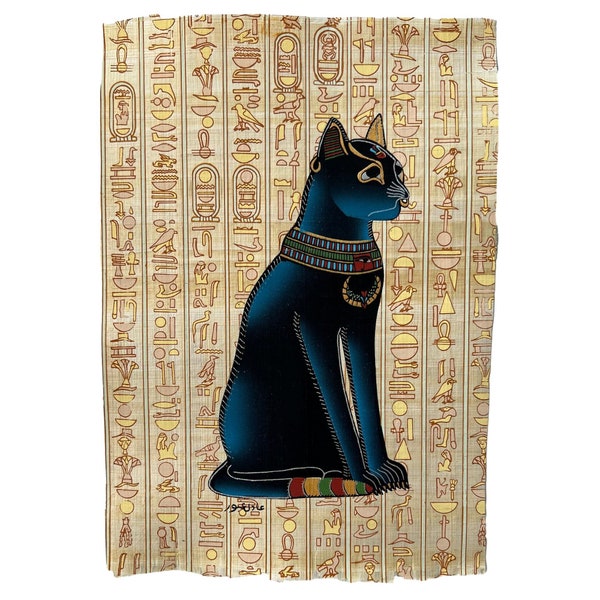 Bastet Papyrus - Egypt Cat Wall Art - Ancient Black Cat Goddess Bast Painting on Hieroglyphics Print - Egyptian Papyrus Best Gift Home Decor