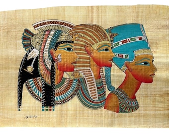 Cleopatra in Royal Vulture Crown, Tutankhamen in Nemes, Nefertiti in Modius Papyrus Egyptian Hand-Made Papyrus Painting 13x9 inches