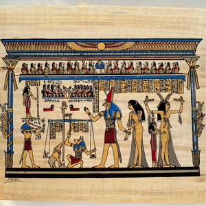 Cérémonie de la pesée du coeur - Rare peinture égyptienne ancienne du livre des morts, peinture rituelle sur papyrus