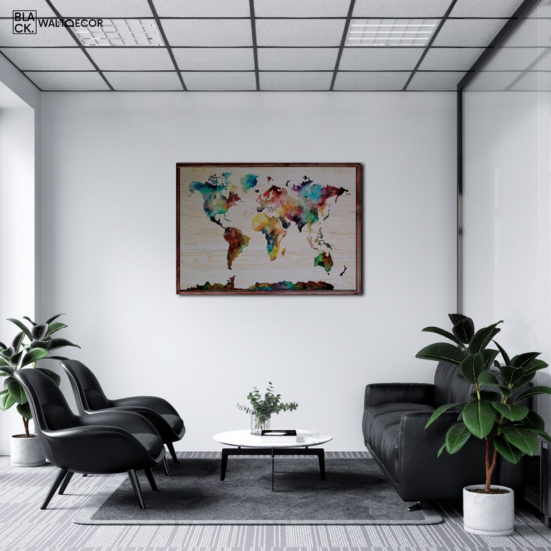 World Map Wall Art Office Wall Decor Abstract Wall Art Wood Etsy