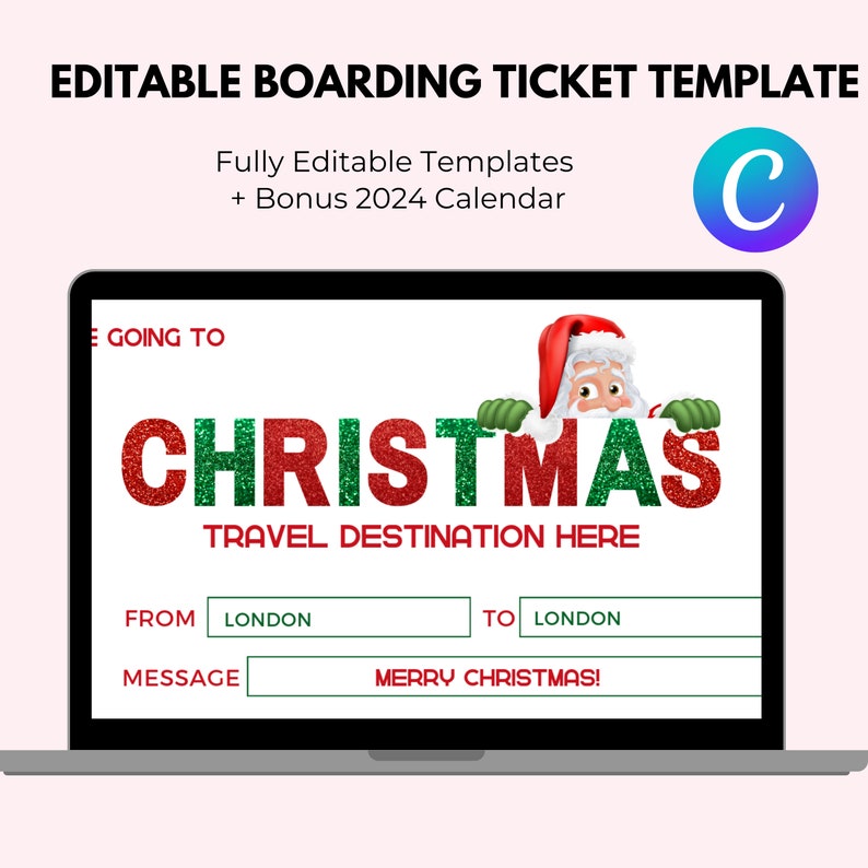 K&ouml;nnte beinhalten: Ein Laptop-Bildschirm zeigt eine Weihnachtskarte Vorlage. Das Design zeigt das Wort "CHRISTMAS" in rotem und gr&uuml;nem Glitzer, einen Weihnachtsmann und den Text "TRAVEL DESTINATION HERE". Bearbeitbare Felder sind f&uuml;r "VON" und "NACH" Orte und eine "FR&Ouml;HLICHE WEIHNACHTEN!" Nachricht vorhanden.