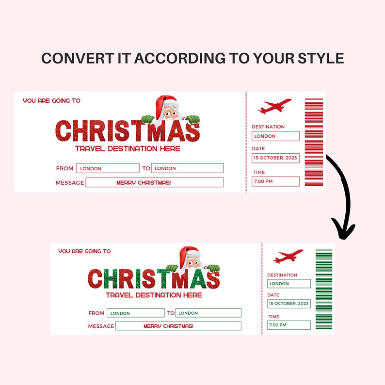 K&ouml;nnte beinhalten: Zwei Weihnachtsticket-Designs mit einem Weihnachtsmann-Motiv. Die Tickets zeigen das Wort "CHRISTMAS" in glitzerndem Rot und Gr&uuml;n, mit dem Text "TRAVEL DESTINATION HERE". Zielort ist London, Datum ist der 15. Oktober 2023.