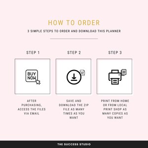 K&ouml;nnte beinhalten: Grafik mit der Aufschrift "HOW TO ORDER" und drei Schritten zum Herunterladen eines Planers. Schritt 1: Kaufen. Schritt 2: ZIP-Datei herunterladen. Schritt 3: Zu Hause oder in einem Gesch&auml;ft drucken. Das Logo "The Success Studio" ist unten.