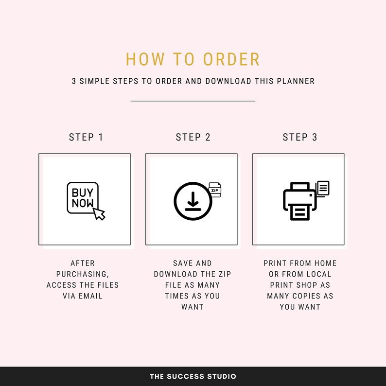K&ouml;nnte beinhalten: Grafik mit der Aufschrift "HOW TO ORDER" und drei Schritten zum Herunterladen eines Planers. Schritt 1: Kaufen. Schritt 2: ZIP-Datei herunterladen. Schritt 3: Zu Hause oder in einem Gesch&auml;ft drucken. Das Logo "The Success Studio" ist unten.