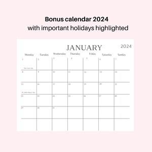 K&ouml;nnte beinhalten: Eine wei&szlig;e Januar 2024 Kalenderseite mit Monatsname und Jahr oben. Das Kalenderraster hebt wichtige Feiertage hervor, darunter Neujahr und M. Luther King Jr. Day. Der Text "Bonus calendar 2024" steht oben.