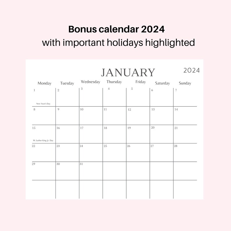 K&ouml;nnte beinhalten: Eine wei&szlig;e Januar 2024 Kalenderseite mit Monatsname und Jahr oben. Das Kalenderraster hebt wichtige Feiertage hervor, darunter Neujahr und M. Luther King Jr. Day. Der Text "Bonus calendar 2024" steht oben.