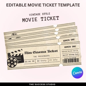 映画チケット招待状、映画チケットテンプレート、映画チケット席札、編集可能な映画ギフトチケット PDF、映画チケット誕生日パーティー