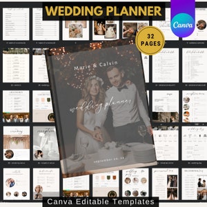 Op de afbeelding: Een bruiloftplanner-sjabloon met 32 pagina's, met een stel op een trouwfoto op de omslag. De omslag is zwart met witte tekst die "Marie & Calvin wedding planner" en "September 20, 24" zegt.