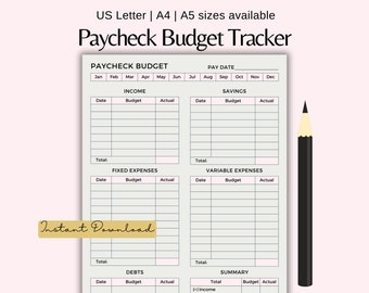 Paycheck Budget Overview Template Printable, Paycheck Budget Printable, Budget Binder, Budget Planner, Budget Template, A4, A5 US Letter PDF