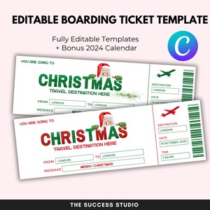 Kerst-instapkaart. Instapkaart sjabloon. Verrassingsreis. Verrassingsvakantie afdrukbaar. Kerstreizen. Bewerkbaar vliegticket