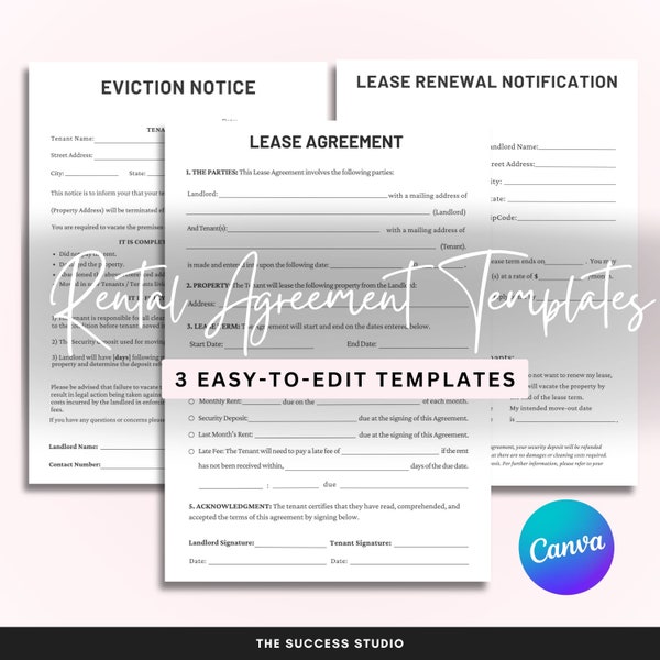 Editable Rental Agreement, Lease Agreement, Eviction Notice, Lease Renewal Notification, Landlord Forms, Canva Template, Digital Download