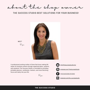 K&ouml;nnte beinhalten: Werbebild f&uuml;r The Success Studio mit einem Kopfportr&auml;t der Shop-Inhaberin Diya und Text &uuml;ber das Unternehmen. Das Bild hat einen rosa Hintergrund und enth&auml;lt Kontaktinformationen f&uuml;r das Unternehmen.