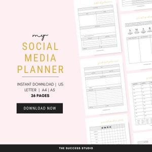 May include: A printable social media planner with 26 pages. The planner includes sections for TikTok, podcast, social media stats, and a weekly planner. The planner is designed to help users plan and track their social media activities.