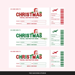 K&ouml;nnte beinhalten: Drei Weihnachtsticket-Vorlagen mit rotem und gr&uuml;nem Glitzertext. Jedes Ticket zeigt eine Santa Claus-Grafik, die Worte "CHRISTMAS TRAVEL DESTINATION HERE" und Details zu Zielort und Datum. Die Tickets sind f&uuml;r London.