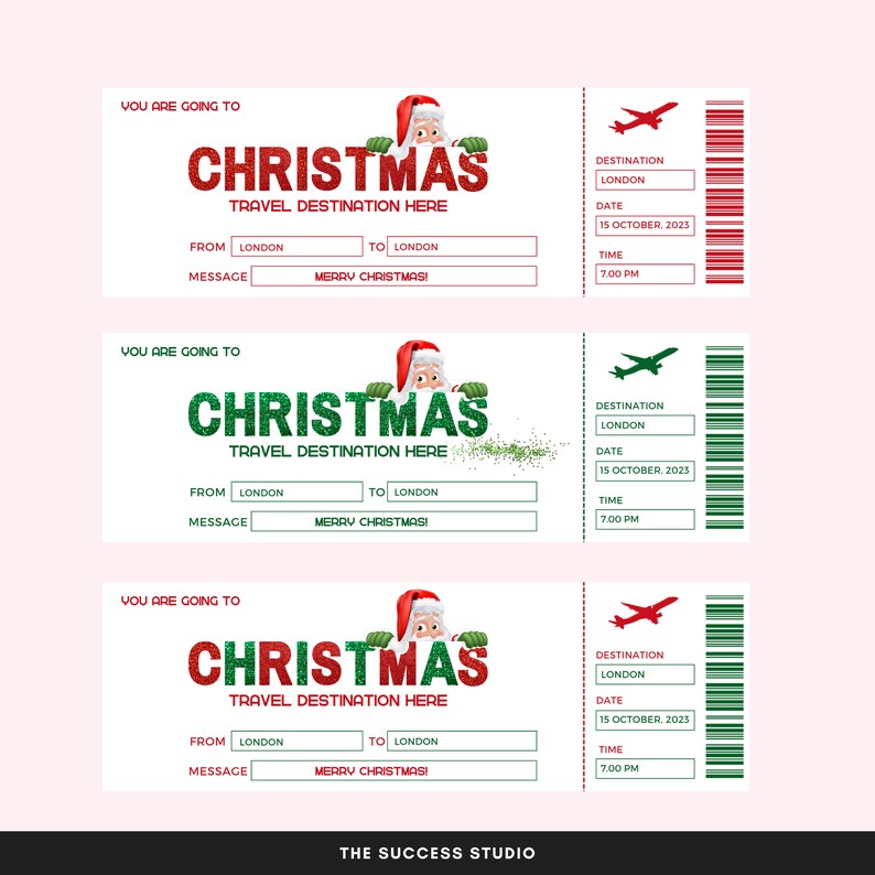 K&ouml;nnte beinhalten: Drei Weihnachtsticket-Vorlagen mit rotem und gr&uuml;nem Glitzertext. Jedes Ticket zeigt eine Santa Claus-Grafik, die Worte "CHRISTMAS TRAVEL DESTINATION HERE" und Details zu Zielort und Datum. Die Tickets sind f&uuml;r London.