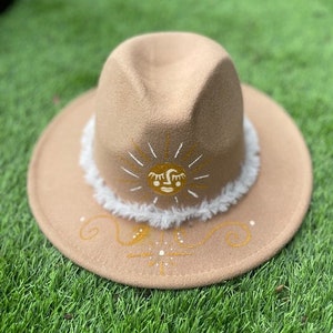 Hand painted Sun and Moon Wide Brim Felt Adventure Hat