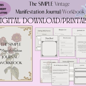 Vintage Theme Manifestation Journal Workbook Planner, Law of Attraction, 369 Method, Daily Manifestation, Manifest Your Dreams, PDF, 3 SIZES