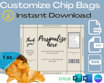 Custom chip bag template, editable party favor wrapper, printable bag label, instant digital download
