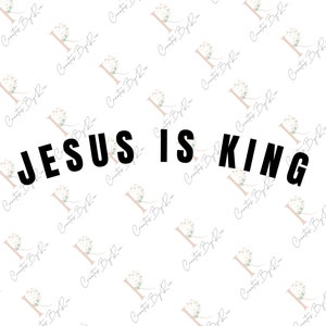 May include: White background with a repeating pattern of a floral design and the text "Create By R".  The text "JESUS IS KING" is centered in black bold letters.