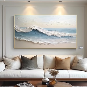Peinture sur toile représentant une vague bleue de l'océan, peinture texturée en impasto, choix d'art sur toile sereine, art mural minimaliste et contemporain pour salon