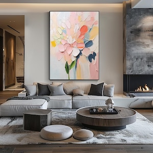 Décoration murale avec fleurs roses en fleurs, peinture à l'huile acrylique texturée 3D sur toile, peinture abstraite, peinture encadrée pour salon, peinture personnalisée
