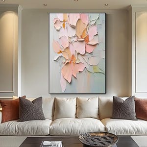 Peinture florale 3D en impasto, peinture à l'huile florale texturée rose pêche, toile au couteau à palette, décoration murale pastel moderne, décoration de salon minimaliste
