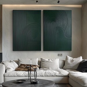 Diptyque vert foncé abstrait, peinture à l'huile texturée, décoration minimaliste moderne, grand salon, décoration intérieure neutre 3D
