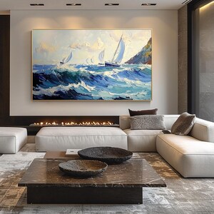 Voiliers blancs sur la mer, peinture à l'huile sur toile abstraite texturée en 3D représentant un voilier bleu, grande décoration originale pour salon