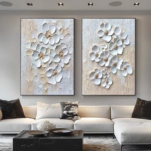 Peinture à l'huile abstraite 3D originale à motif floral blanc texturé, motif floral avec boutons dorés, décoration murale délicate pour salon