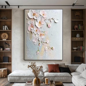 Peinture florale texturée 3D sur toile, art mural en fleurs de cerisier, art floral élégant en fleurs, décoration botanique en pastel impasto, art mural de salon