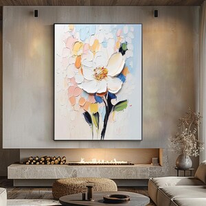 Peinture florale originale 3D au couteau à palette sur toile, art floral abstrait texturé crémeux, art mural de salon, cadeau pour elle, art mural encadré