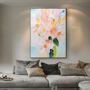 Peinture à l'huile sur toile originale de fleurs roses, grande décoration murale florale abstraite 3D texturée, décoration murale bohème pour salon et chambre à coucher