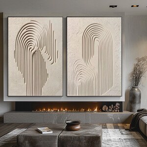 Ensemble d'art mural texturé beige, art mural Wabi-sabi, peinture à l'huile minimaliste beige, grand art mural en plâtre beige, peinture texturée 3D ondulée beige