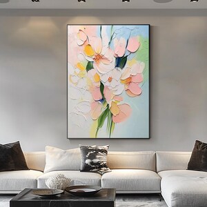 Peinture à l'huile de fleurs au couteau à palette, art mural texturé en 3D, bouquet pastel doux, peinture florale personnalisée, décoration murale de salon moderne