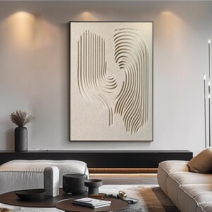 Peinture minimaliste beige originale sur toile, peinture à l'huile 3D texturée aux lignes courbes, grand art abstrait personnalisé Wabi Sabi, décoration murale pour la maison