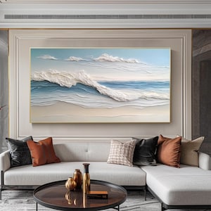 Peinture texturée sur toile représentant une vague océanique sereine, paysage marin 3D, décoration murale faite à la main, décoration côtière pour salon, grande œuvre d'art acrylique moderne
