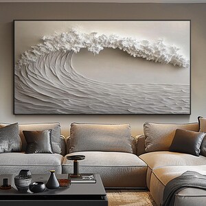 Peinture à l'huile texturée représentant une vague océanique, art mural côtier 3D, toile sculpturale blanche fabriquée à la main, décoration murale minimaliste pour la maison, cadeau élégant de paysage marin