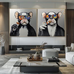 Funny Dog Abstract Cartoon Pop Art Oil Painting on Canvas, Cool Dog Wearing Sunglasses Painting Set, Interesting Wall Art Living Room Decor
