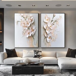 Peinture florale texturée 3D originale sur toile, art mural floral rose crémeux personnalisé, art abstrait élégant, décoration murale de salon contemporain