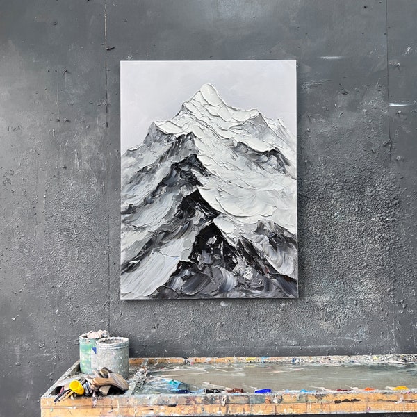 Original Snowy Mountain Abstract Painting, Natural Landscape Oil Painting on Canvas, Large Wall Art, White Minimalist Living Room Wall Décor